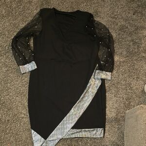 SHEIN Black Dress with Sheer Sleeves and Patterned Trim